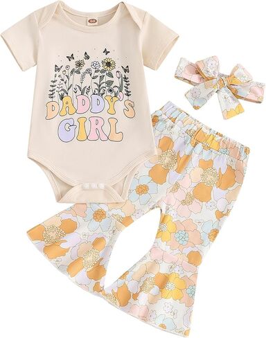 Karuedoo Newborn Baby Girl Clothes Daddy's Girl Romper Boho Floral Flared Pants Headband Set 3Pcs Summer Outfits in Saudi Arabia