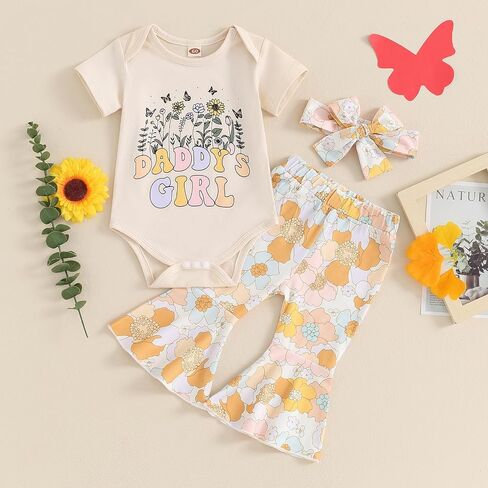 Karuedoo Newborn Baby Girl Clothes Daddy's Girl Romper Boho Floral Flared Pants Headband Set 3Pcs Summer Outfits in Saudi Arabia