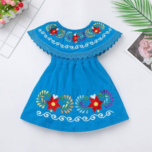 AWIBMK Baby Girls Mexican Dress Off Shoulder Floral Embroidered Dresses Cinco De Mayo Kids Traditional Ethnic Wear Outfit in Saudi Arabia