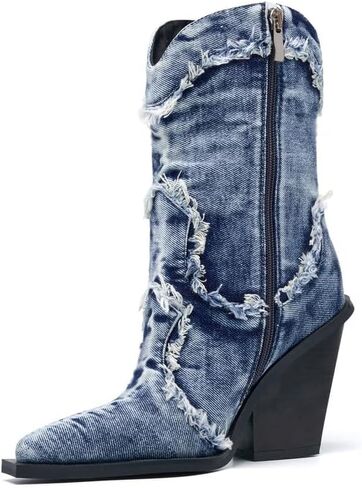 Women Denim Rhinestones Cowboy Mid Calf Boots Almond Pointed Chunky Block Heel Sparkly wide calf Western Boots in Saudi Arabia