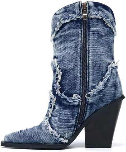 Women Denim Rhinestones Cowboy Mid Calf Boots Almond Pointed Chunky Block Heel Sparkly wide calf Western Boots in Saudi Arabia
