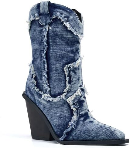 Women Denim Rhinestones Cowboy Mid Calf Boots Almond Pointed Chunky Block Heel Sparkly wide calf Western Boots in Saudi Arabia