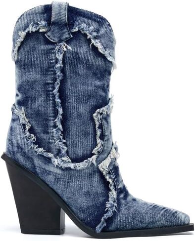Women Denim Rhinestones Cowboy Mid Calf Boots Almond Pointed Chunky Block Heel Sparkly wide calf Western Boots in Saudi Arabia