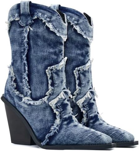 Women Denim Rhinestones Cowboy Mid Calf Boots Almond Pointed Chunky Block Heel Sparkly wide calf Western Boots in Saudi Arabia