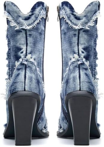 Women Denim Rhinestones Cowboy Mid Calf Boots Almond Pointed Chunky Block Heel Sparkly wide calf Western Boots in Saudi Arabia