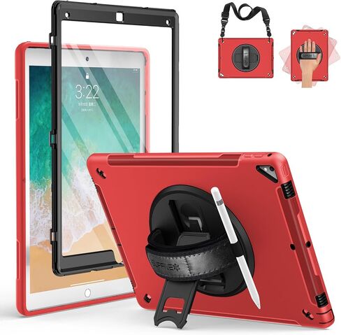 حافظة SUPFIVES لجهاز iPad Pro 12.9 2015/2017: حافظة iPad 12.9 بوصة الجيل الأول/ الثاني من السيليكون المقاوم للصدمات بدرجة عسكرية مع حامل قلم رصاص + مقبض + حزام كتف + حامل دوار، أسود in Kuwait