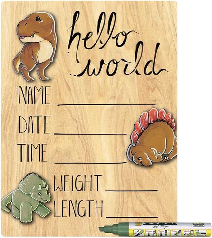 Hello World Newborn Baby Announcement Printed Wood Sign with Dinosaur Theme, 9 by 12 Inches, No Marker in Saudi Arabia