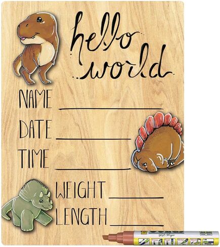 Hello World Newborn Baby Announcement Printed Wood Sign with Dinosaur Theme, 9 by 12 Inches, No Marker in Saudi Arabia
