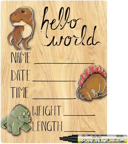 Hello World Newborn Baby Announcement Printed Wood Sign with Dinosaur Theme, 9 by 12 Inches, No Marker in Saudi Arabia