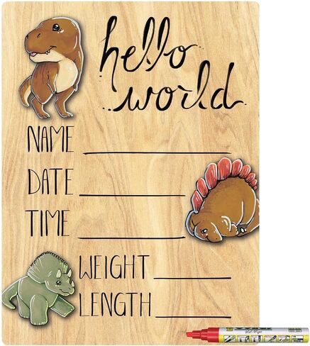Hello World Newborn Baby Announcement Printed Wood Sign with Dinosaur Theme, 9 by 12 Inches, No Marker in Saudi Arabia
