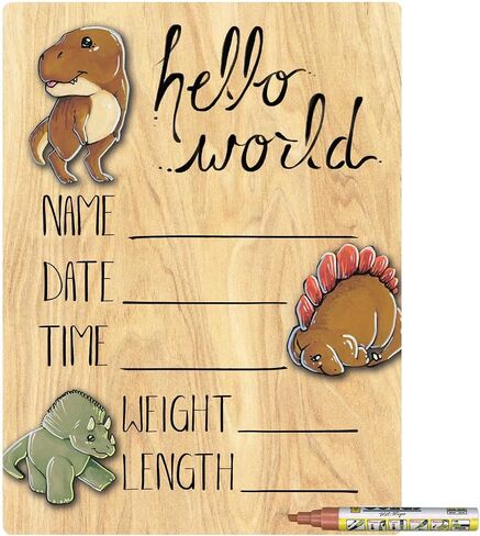 Hello World Newborn Baby Announcement Printed Wood Sign with Dinosaur Theme, 9 by 12 Inches, No Marker in Saudi Arabia