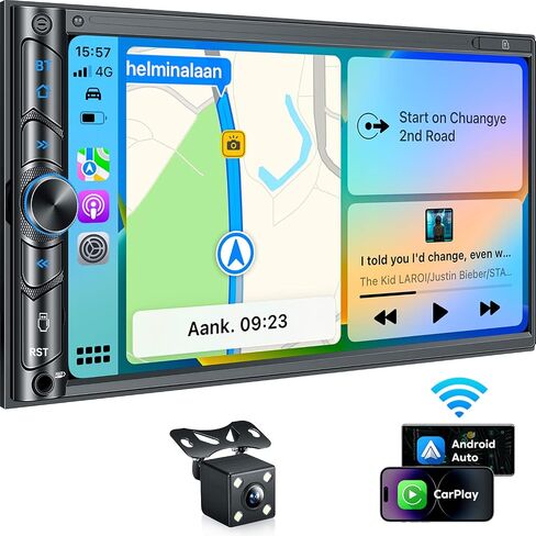 SJoyBring Double Din Car Stereo with Wireless CarPlay and Android Auto, 4.2-Channel Audio Output, Bluetooth, MirrorLink, 7" HD QLED Touchscreen, Backup Camera, AM/FM Car Radio in Saudi Arabia