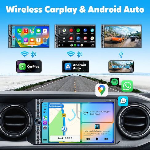 SJoyBring Double Din Car Stereo with Wireless CarPlay and Android Auto, 4.2-Channel Audio Output, Bluetooth, MirrorLink, 7" HD QLED Touchscreen, Backup Camera, AM/FM Car Radio in Saudi Arabia