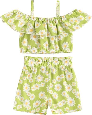 BeQeuewll Toddler Baby Girl Summer Clothes Daisy Floral Outfit Ruffle Off Shoulder Crop Top Elastic Shorts Kid Girls 2Pcs Set in Kuwait