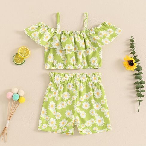 BeQeuewll Toddler Baby Girl Summer Clothes Daisy Floral Outfit Ruffle Off Shoulder Crop Top Elastic Shorts Kid Girls 2Pcs Set in Kuwait