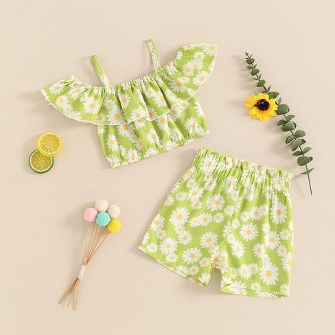 BeQeuewll Toddler Baby Girl Summer Clothes Daisy Floral Outfit Ruffle Off Shoulder Crop Top Elastic Shorts Kid Girls 2Pcs Set in Kuwait