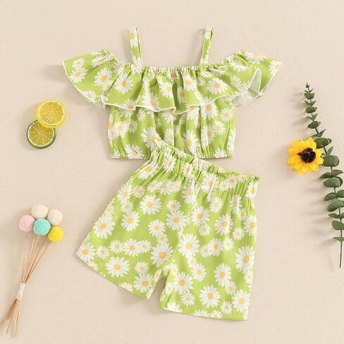 BeQeuewll Toddler Baby Girl Summer Clothes Daisy Floral Outfit Ruffle Off Shoulder Crop Top Elastic Shorts Kid Girls 2Pcs Set in Kuwait