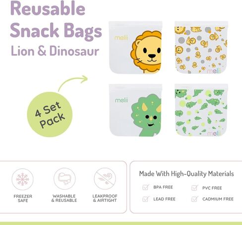 melii Reusable Sandwich & Snack Bags for Kids & Adults, Food Storage, Organization & Meal Prep Containers, Leakproof, BPA free, 4 Pack, 2 Panda & 2 Bear in Kuwait
