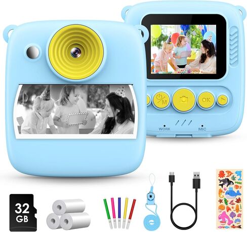 Kids Instant Print Camera with Paper Prints, 2.0'' HD 1080P Video Portable Digital Kids Camera, Toddler Camera Birthday Gifts Toy Camera with 32GB SD Card for 3-12 Years Old Boys Girls in Saudi Arabia