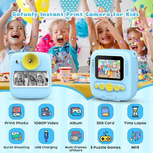 Kids Instant Print Camera with Paper Prints, 2.0'' HD 1080P Video Portable Digital Kids Camera, Toddler Camera Birthday Gifts Toy Camera with 32GB SD Card for 3-12 Years Old Boys Girls in Saudi Arabia