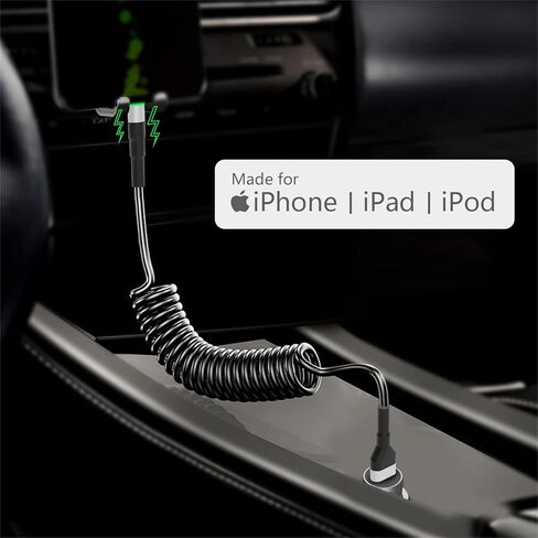 كابل iPhone Lightning ملفوف لـ Apple Carplay، كابل USB ملفوف إلى Lightning معتمد من MFi، سلك شاحن iPhone قابل للسحب للسيارة، سلك شاحن iPhone قصير مع مزامنة البيانات وLED in Kuwait