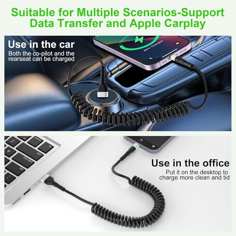كابل iPhone Lightning ملفوف لـ Apple Carplay، كابل USB ملفوف إلى Lightning معتمد من MFi، سلك شاحن iPhone قابل للسحب للسيارة، سلك شاحن iPhone قصير مع مزامنة البيانات وLED in Kuwait