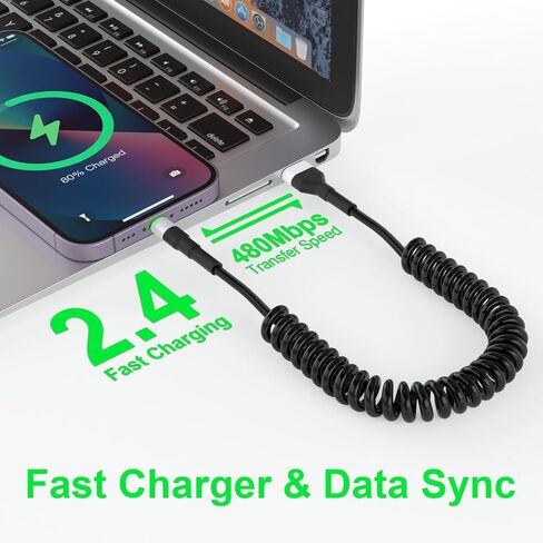 كابل iPhone Lightning ملفوف لـ Apple Carplay، كابل USB ملفوف إلى Lightning معتمد من MFi، سلك شاحن iPhone قابل للسحب للسيارة، سلك شاحن iPhone قصير مع مزامنة البيانات وLED in Kuwait