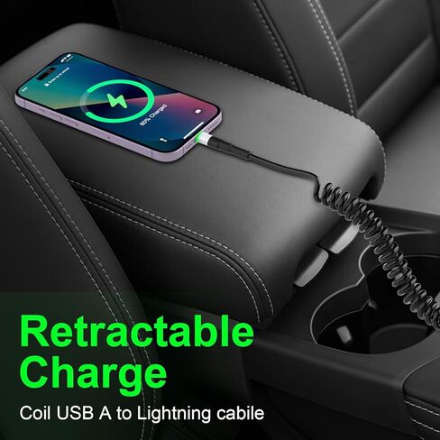 كابل iPhone Lightning ملفوف لـ Apple Carplay، كابل USB ملفوف إلى Lightning معتمد من MFi، سلك شاحن iPhone قابل للسحب للسيارة، سلك شاحن iPhone قصير مع مزامنة البيانات وLED in Kuwait