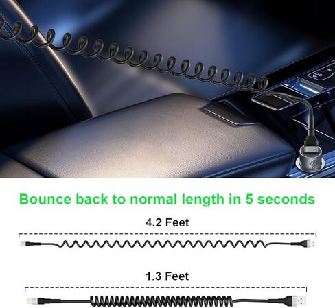 كابل iPhone Lightning ملفوف لـ Apple Carplay، كابل USB ملفوف إلى Lightning معتمد من MFi، سلك شاحن iPhone قابل للسحب للسيارة، سلك شاحن iPhone قصير مع مزامنة البيانات وLED in Kuwait