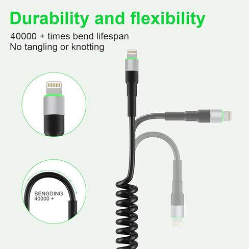 كابل iPhone Lightning ملفوف لـ Apple Carplay، كابل USB ملفوف إلى Lightning معتمد من MFi، سلك شاحن iPhone قابل للسحب للسيارة، سلك شاحن iPhone قصير مع مزامنة البيانات وLED in Kuwait