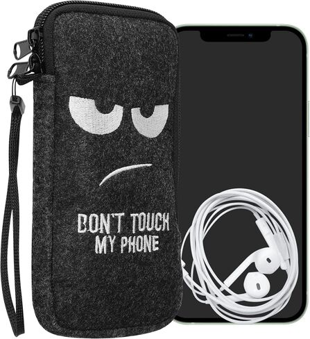 kwmobile Felt Phone Pouch Size XXL - 7" - Zippered Universal Bag with Zipper and Embroidered Design - Curious Cat Grey/Black in Saudi Arabia