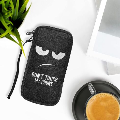 kwmobile Felt Phone Pouch Size XXL - 7" - Zippered Universal Bag with Zipper and Embroidered Design - Curious Cat Grey/Black in Saudi Arabia
