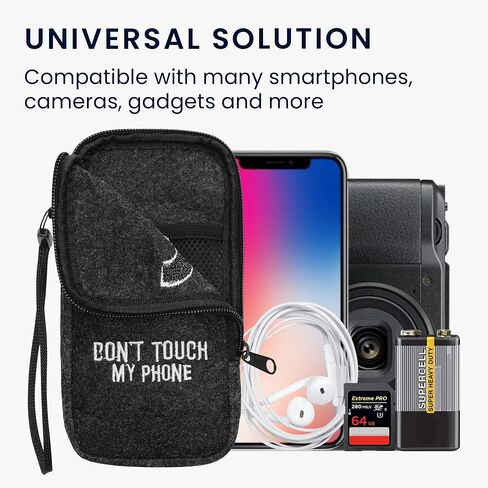 kwmobile Felt Phone Pouch Size XXL - 7" - Zippered Universal Bag with Zipper and Embroidered Design - Curious Cat Grey/Black in Saudi Arabia