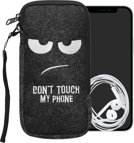 kwmobile Felt Phone Pouch Size XXL - 7" - Zippered Universal Bag with Zipper and Embroidered Design - Curious Cat Grey/Black in Saudi Arabia