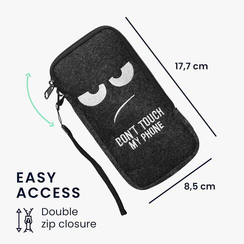 kwmobile Felt Phone Pouch Size XXL - 7" - Zippered Universal Bag with Zipper and Embroidered Design - Curious Cat Grey/Black in Saudi Arabia