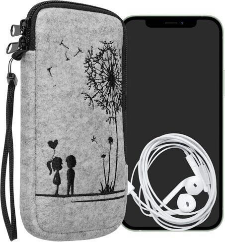 kwmobile Felt Phone Pouch Size XXL - 7" - Zippered Universal Bag with Zipper and Embroidered Design - Curious Cat Grey/Black in Saudi Arabia