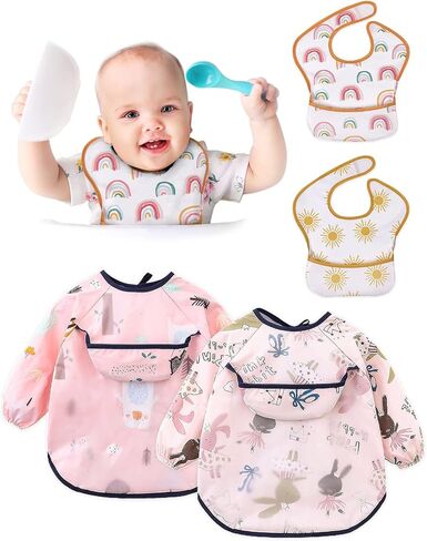 4 Packs Baby Bibs, Bibs for Baby Girl Waterproof Baby Bibs for Boy Long Sleeve Bib Smock Bib Baby Bib for Eating in Saudi Arabia