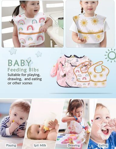 4 Packs Baby Bibs, Bibs for Baby Girl Waterproof Baby Bibs for Boy Long Sleeve Bib Smock Bib Baby Bib for Eating in Saudi Arabia