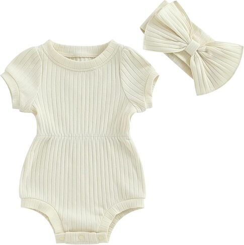 طقم ملابس صيفي للفتيات حديثي الولادة بلون سادة/أكمام قصيرة مزين بالزهور مع عصابة رأس على شكل فيونكة مجموعة ملابس منزلية قادمة in Kuwait