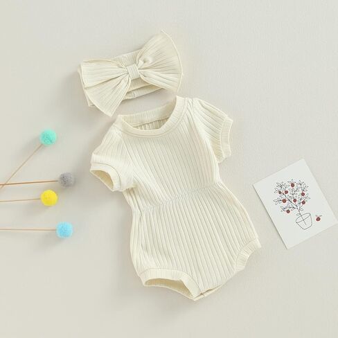 طقم ملابس صيفي للفتيات حديثي الولادة بلون سادة/أكمام قصيرة مزين بالزهور مع عصابة رأس على شكل فيونكة مجموعة ملابس منزلية قادمة in Kuwait