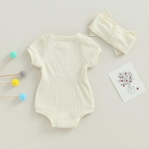 طقم ملابس صيفي للفتيات حديثي الولادة بلون سادة/أكمام قصيرة مزين بالزهور مع عصابة رأس على شكل فيونكة مجموعة ملابس منزلية قادمة in Kuwait