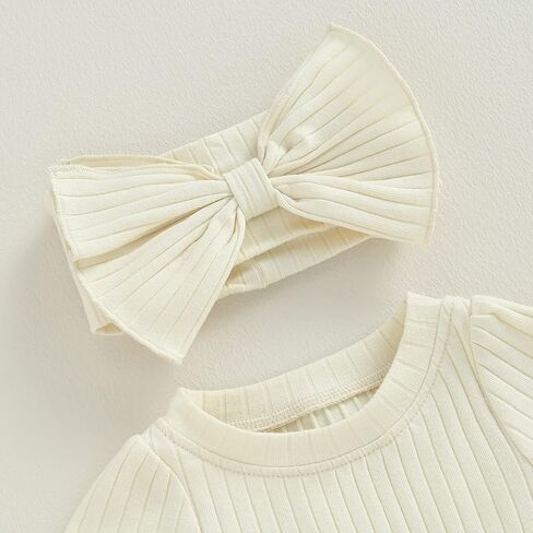 طقم ملابس صيفي للفتيات حديثي الولادة بلون سادة/أكمام قصيرة مزين بالزهور مع عصابة رأس على شكل فيونكة مجموعة ملابس منزلية قادمة in Kuwait