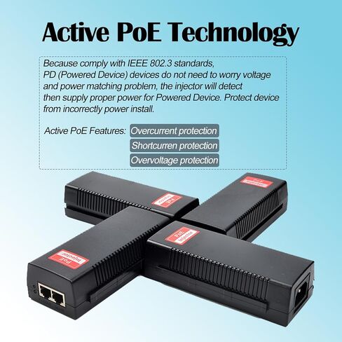 Revotech 30W PoE Injector Adapter Gigabit, IEEE 802.3 at/af 48V DC Active POE+ RJ-45 10/100/1000Mbps, up to 100 Meters (328 Feet), Plug and Play in Saudi Arabia