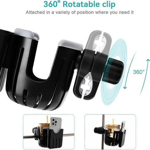 Stroller Cup Holder with Phone Holder, Bike Cup Holder, Universal 2-in-1 Cup Holder for Strollers, Wheelchair, Bike, Walker, Scooter，Gifts for Him, Her, Child，Adjustable (black) in Saudi Arabia