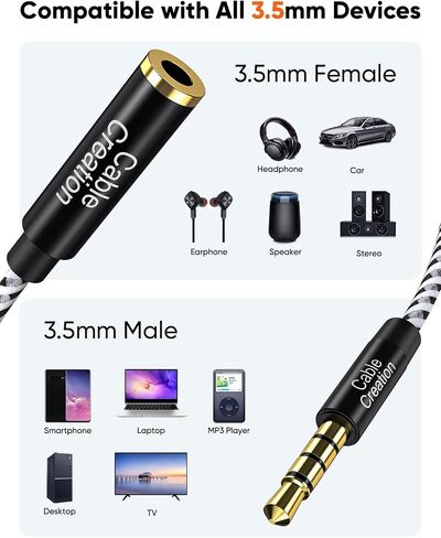CableCreation Long 3.5mm Headphone Extension Cable 15FT/4.5m, 4Pole TRRS 3.5mm Aux Cord with Microphone, 1/8 Stereo 3.5mm Audio Cable Male to Female for Car Stereos, iPad, Laptops, Phone, Black in Saudi Arabia
