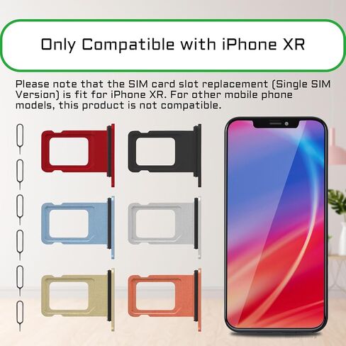 استبدال فتحة حامل بطاقة SIM بـ 6 ألوان لهاتف iPhone XR (أزرق/أصفر/مرجاني/أحمر/أسود/أبيض) مع حلقة ختم مطاطية مقاومة للماء ودبوس إخراج A1984 A2105 A2106 A2108 (إصدار شريحة واحدة) in Saudi Arabia