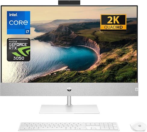 HP Pavilion 27 بوصة QHD الكل في واحد، Intel Core i7-13700T، NVIDIA GeForce RTX 3050، ذاكرة الوصول العشوائي 16 جيجابايت، 1 تيرابايت SSD، كاميرا تعمل بالأشعة تحت الحمراء، لوحة مفاتيح وماوس لاسلكي، HDMI، RJ-45، Wi-Fi 6، Windows 11 Home ، فضة in Saudi Arabia