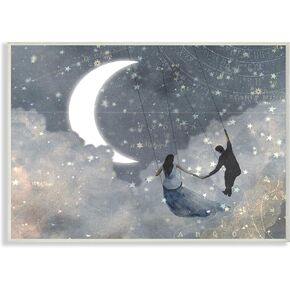 Stupell Industries Grey and Blue Celestial Love Sky Swinging by The Crescent Moon and Stars Framed Giclee Texturized Art, 11 x 1.5 x 14, Multi-Color