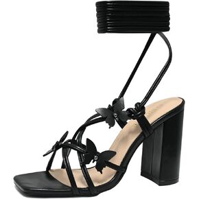 Strappy Heels for Women Sexy Lace Up Chunky High Heels Sandals Square Open Toe Heels with Bow White Black Gold Silver Tie Up Block Heels for Party, Prom, Evening
