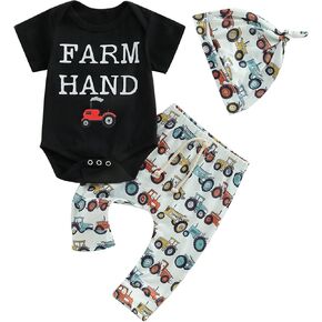 Newborn Baby Boy Summer Clothes Short Sleeve Letter Romper Farm Tractor Chicken Print Pants Hat 3Pcs Outfit